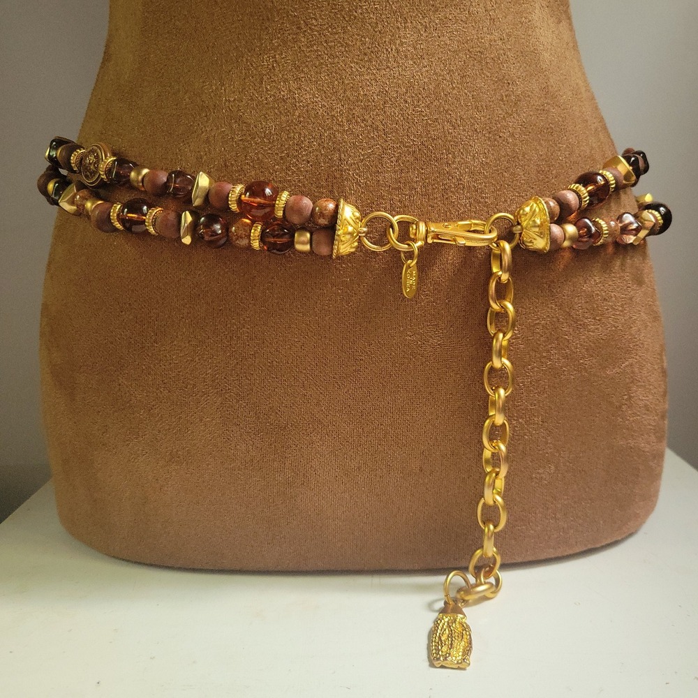 EXP Brown Wood Amber Bead Gold Chain Belt Necklace One Size Whimsigoth